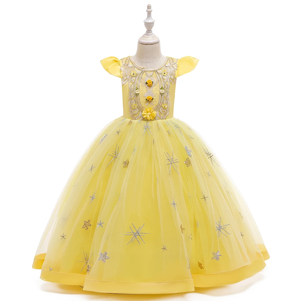 YEllow girl elegant flower ball dress suitable for children\'s evening party sequin long dress