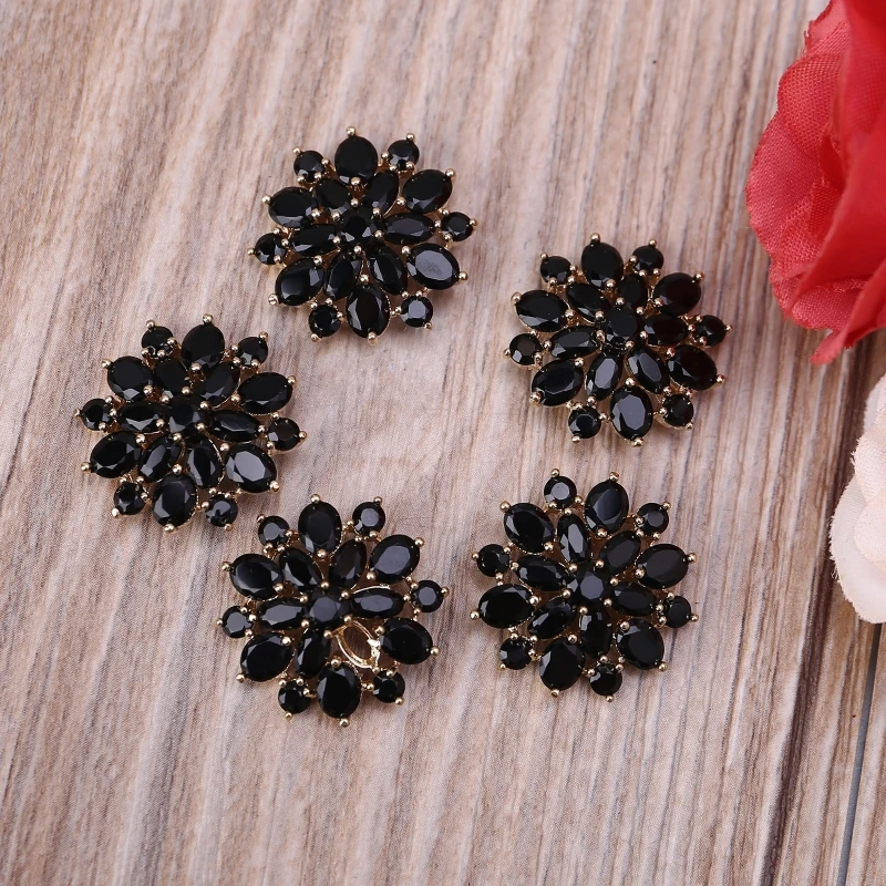 5Pcs 21mm Black for Rhinestone Flower Shaped Buttons with Metal Loop Jewelry Embellishments for DIY Crafts Garment Drop Shipping