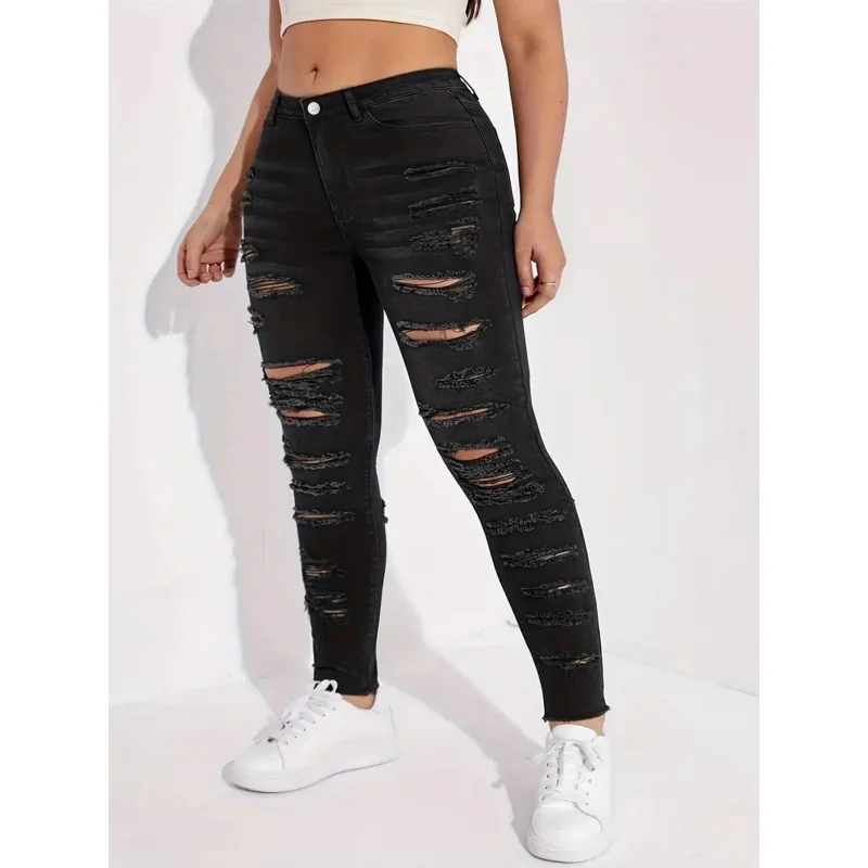 Cross-Border European and American plus Size Black Ripped Skinny Pants Stretch Pencil PantsTEMUAmazonSHEINSpot Foreign Trade