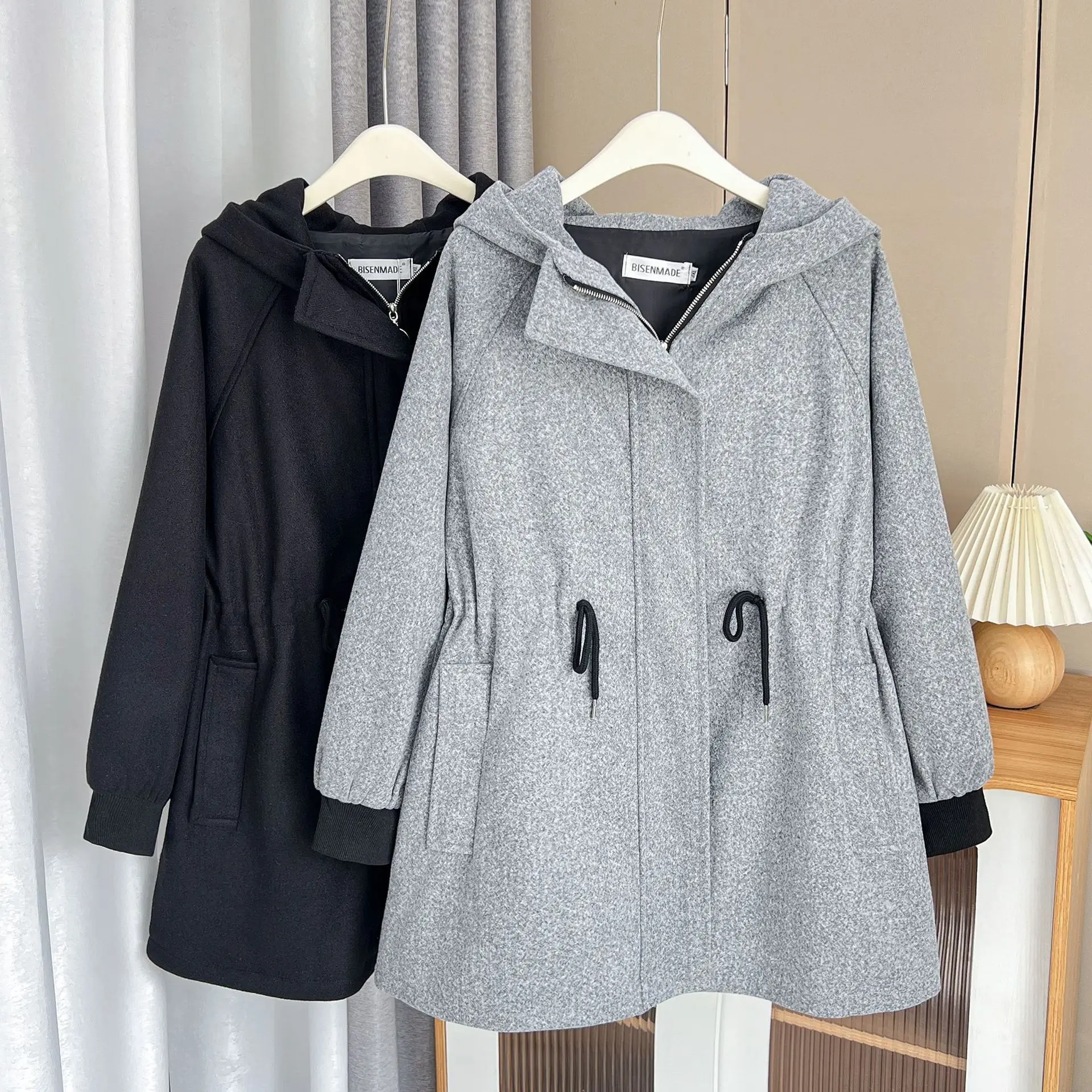 Womens Plus Size Autumn Winter Woolen Coat Casual Clothing MD-LONG Drawstring Waist Hooded Outwear Curve Overcoat S6 5709