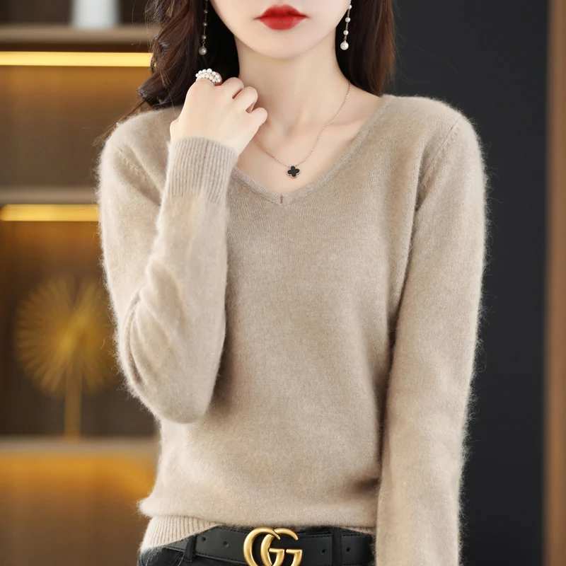 Autumn and Winter New Female Pure Mink Cashmere Sweater Woman V-neck Waist in Slimming Knit Jumper Fallow Fever Heat Warm Top