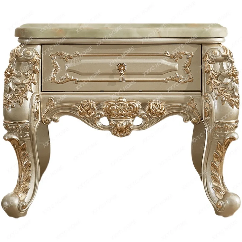 European-Style Marble Square Table Solid Wood Living Room Sofa Edge Pier Table Corner Double-Layer Oak Carved Gold