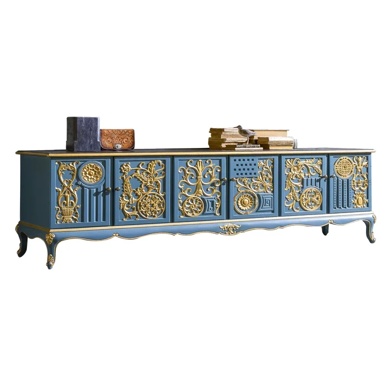 

French solid wood carving flower gold TV cabinet high-end European retro entrance locker high large apartment vill
