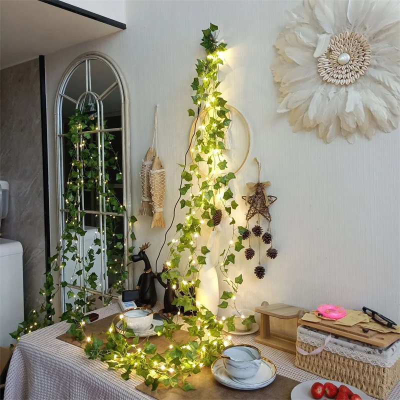 Christmas Tree Garland Light Artificial Vine Fairy Lights Battery Powered Flower Green Leaf for Weeding Home Decor String Lights