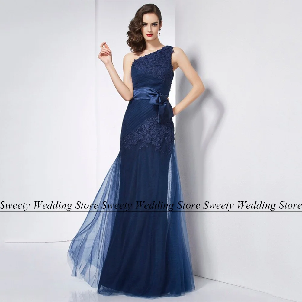 Jiayigong-Vestido largo de sirena sin mangas para mujer, prenda de un hombro con apliques plisados, tul, color azul marino, para invitados de boda