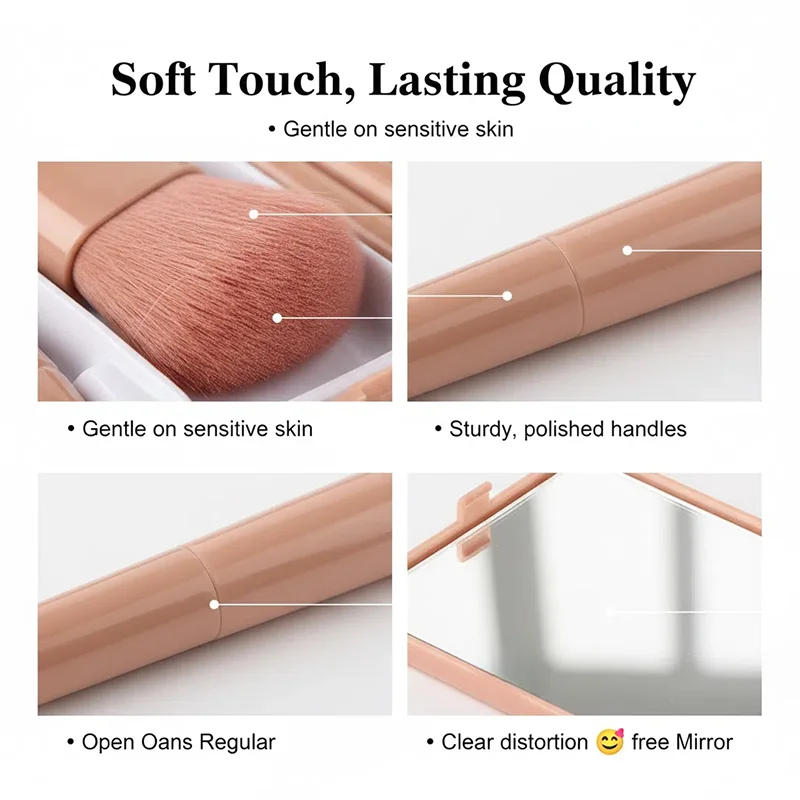 5개입 여행용 메이크업 브러쉬 세트 미니 메이크업 브러쉬, 케이스와 거울이 포함된 소형 완벽 기능 화장 브러쉬 키트