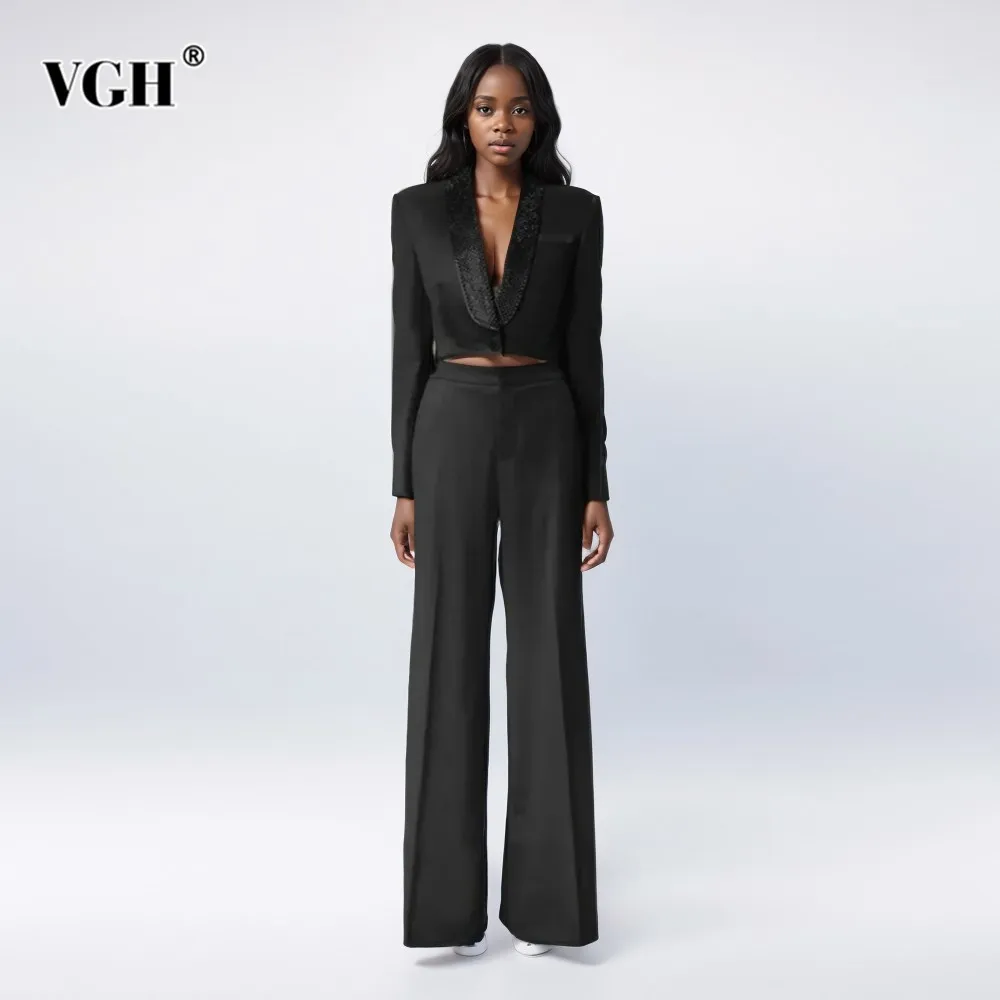 

VGH Solid Two Piece Sets For Women Lapel Long Sleeve Hollow Out Blazers High Waist Wide Leg Pants Temperament Sets Female New