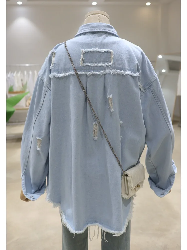 Exquisite Rhinestone Embroidery Cartoon Denim Jacket Women 2024 Spring Loose Washed-out Distressed Light Blue Denim Jacket