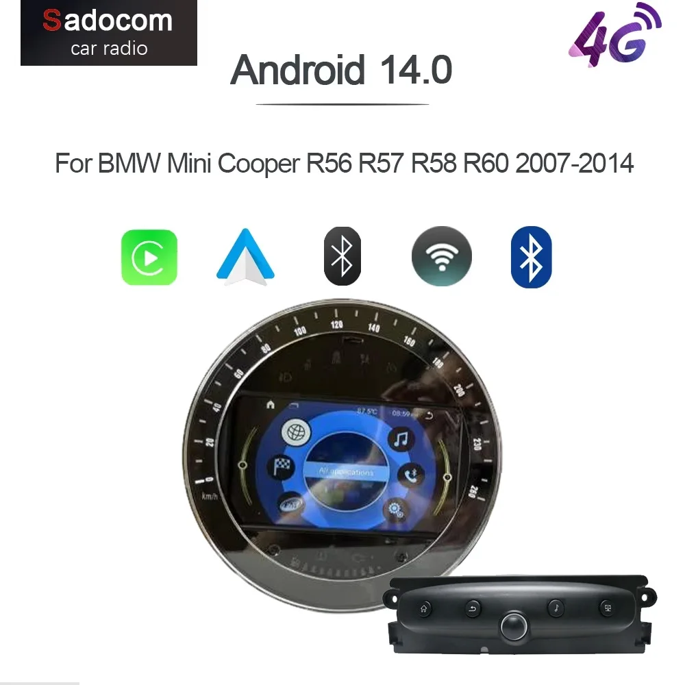 IPS 720P CarPlay 9' Android 14 Car Multimedia Player 4G 64G DSP Stereo Navigation For BMW Mini Cooper R56 R57 R58 R60 2007-2014