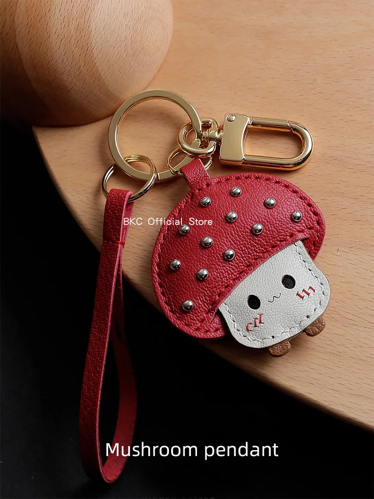 Premium Goat Leather Red Mushroom Bag Charm Handmade Waxed Thread Saddle Stitch Detachable Strap Bag Pendant，Keychain Accessory