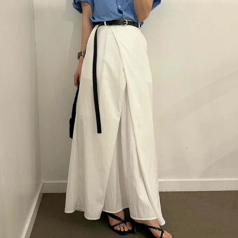 

REALEFT Spring Summer Front Cross Women's Long Skirts Pockets 2025 New White High Waist Casual Loose Straight Skirts for Women