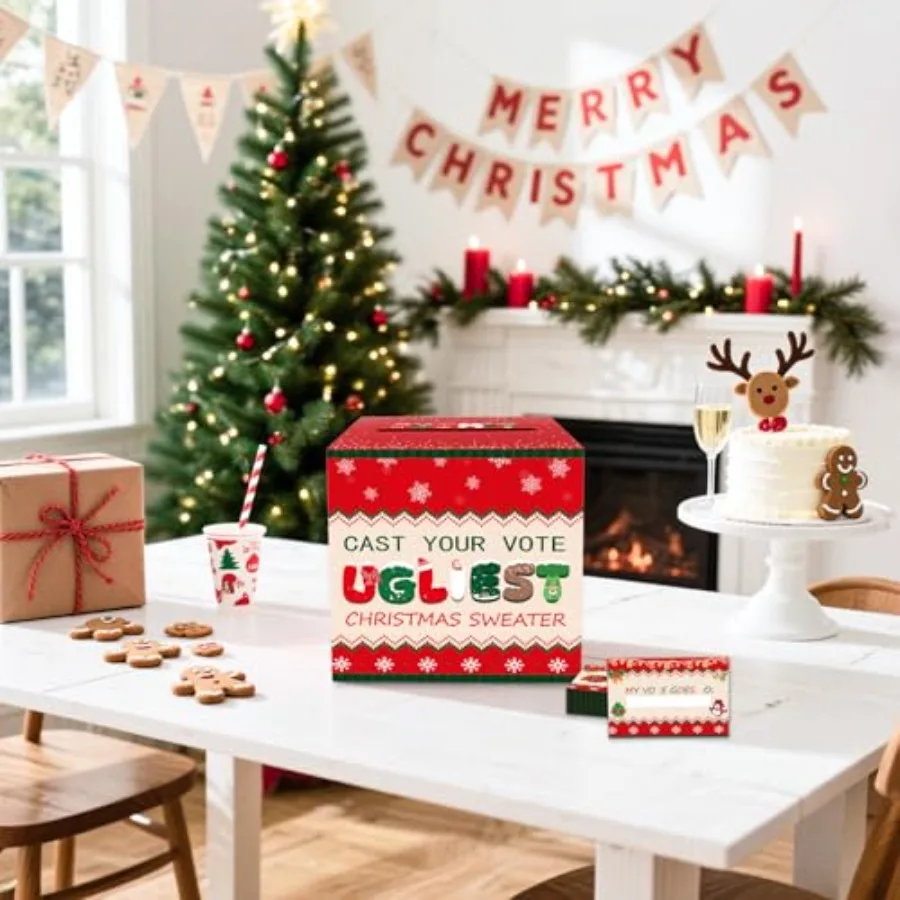醜いクリスマスセーターコンテスト投票箱、投票カード50枚付き、8.7インチ、クリスマスゲームパーティーデコレーション用投票カードボックス
