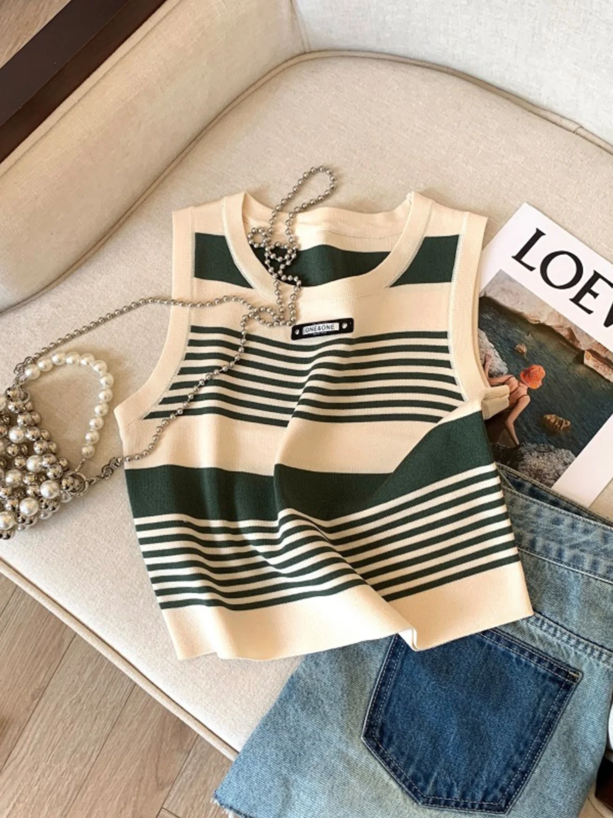 Ice Silk Knitted Stripe Work irt Strap Vest Women Inner Summer Outer Wear Hide Side Breast No Sve ort Top