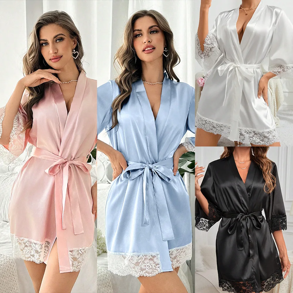 

2025 New Ladies Elegant Satin Robe Lace Trim Kimono Short Sleepwear Nightgown V Neck Belted Bridal Loungewear Bridesmaid Gift