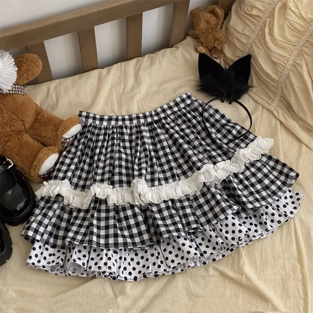 

Women Japanese Sweet Lolita Mini Skirts Polka Dot Plaid Print Lace Ruffles Cake Skirt Cute Blue Harajuku Y2k Kawaii Skirts 2024