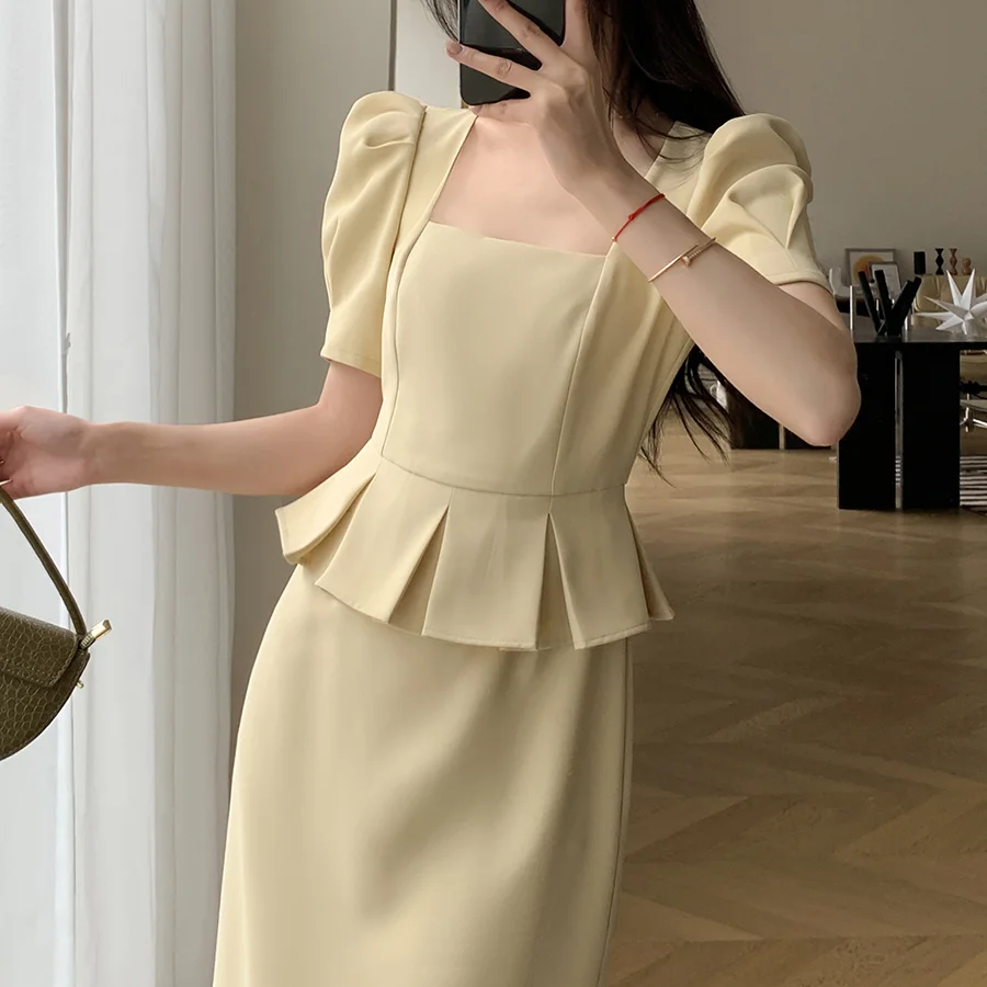 Summer New Women Large Size Corset Hepburn Style Fake Two Pieces Square Neck Short Sleeve Solid Color Light Ripening Long Dress