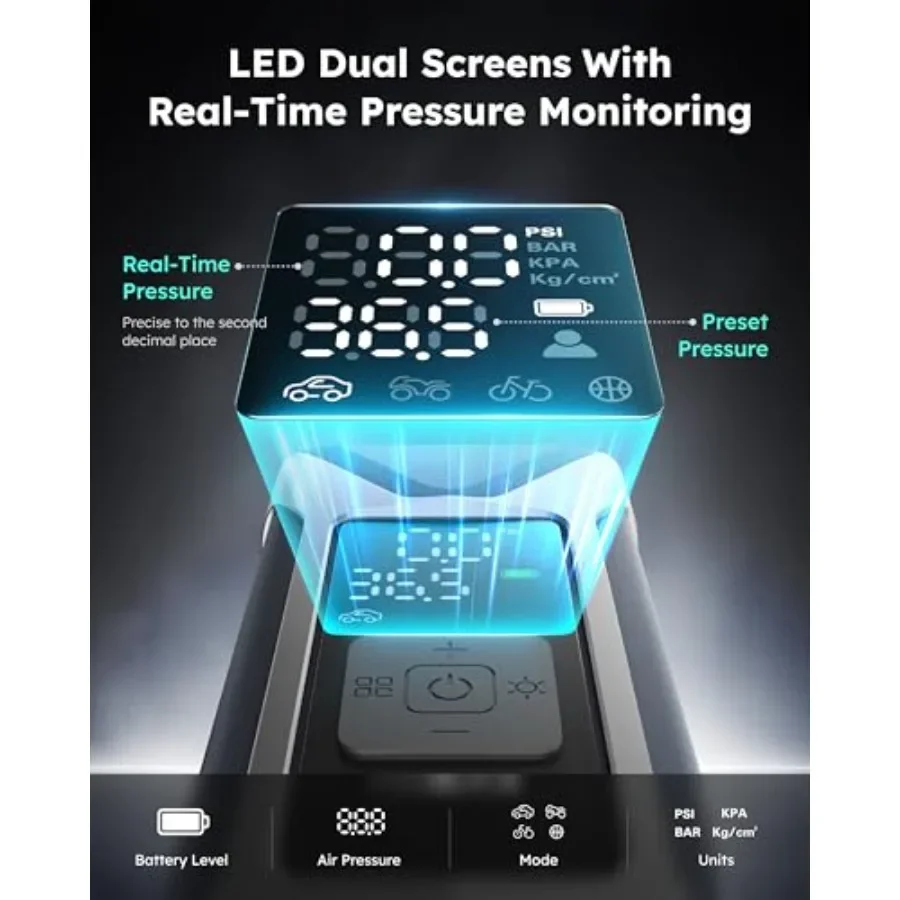 T10 منفاخ لإطارات السيارة ضاغط هواء محمول لسيارة دراجة نارية كرات 160 رطل لكل بوصة مربعة مضخة هواء لاسلكية مع بطارية مدمجة 7500 مللي أمبير #4