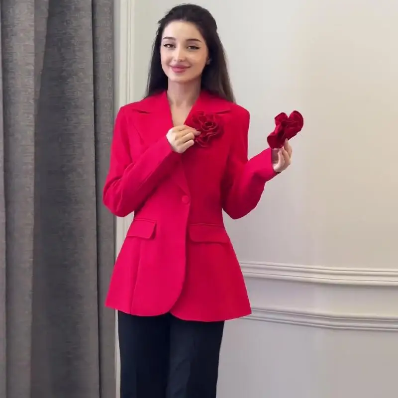 

Ele Pure Color Slim Fit Костюм с 3D цветочным воротником Busin Повседневный женский длинный костюм-свеч Jaet Commute Sle
