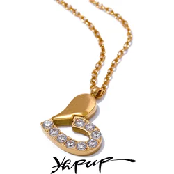 Yhpup Chic Small Heart Shiny Cubic Zirconia Pendant Necklace for Women Stainless Steel Valentine's Day Gift Jewelry Waterproof