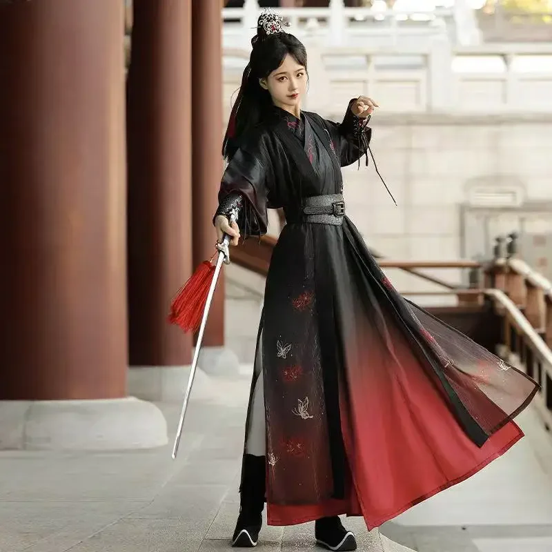 

Men Women Ancient Gradient Printing Costume Niche Swordsman Cosplay Clothing Cool Stylish Song Dynasty Black Red Hanfu Dress Set