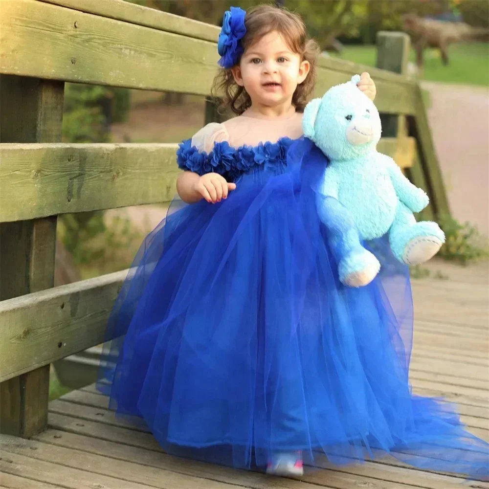 

Lovely Royal Blue Flower Girl Dresses For Wedding With Bow 3D Floral Appliques Tulle Puffy Princess First Communion Gowns Custom