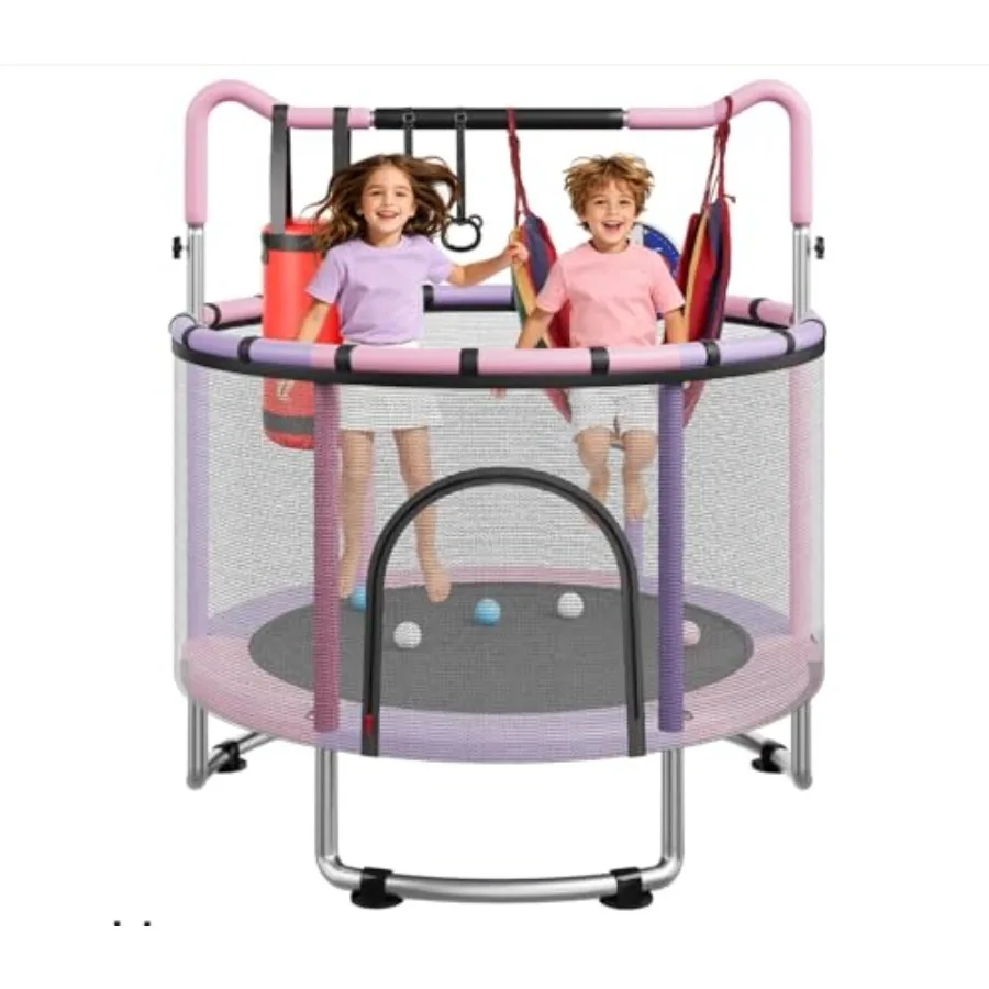 

' trampoline for indoor/outdoor use steel frame with blue padding safety enclosure net basketball hoop and sandbag included 440
