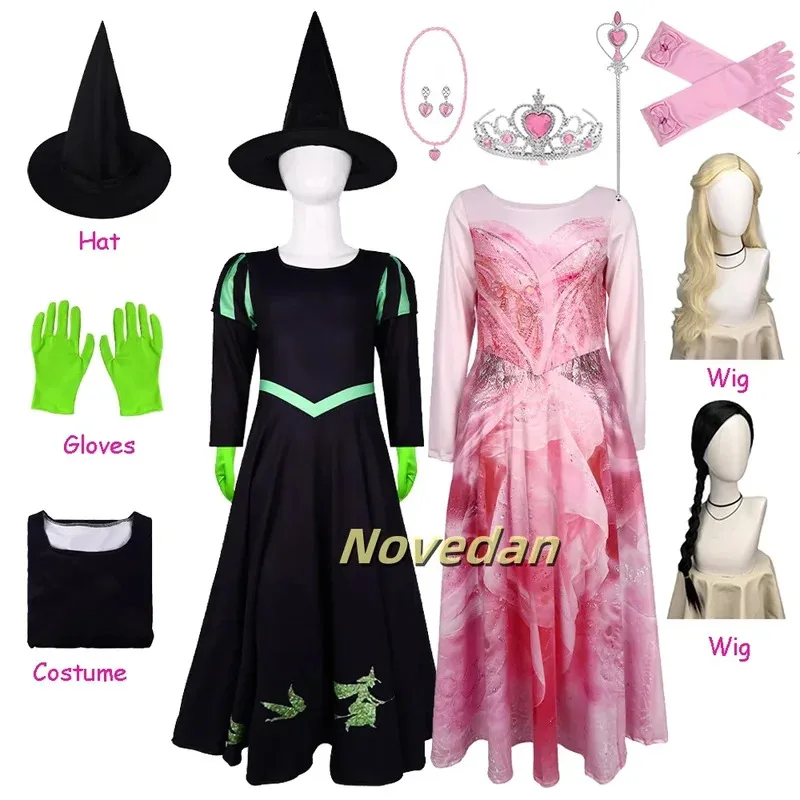 Girl Wicked Glinda Elphaba Cosplay Costume Kids Pink Wed Princess Birthday Party Fancy Dress Crown Wand Witch Costume Hat Wig