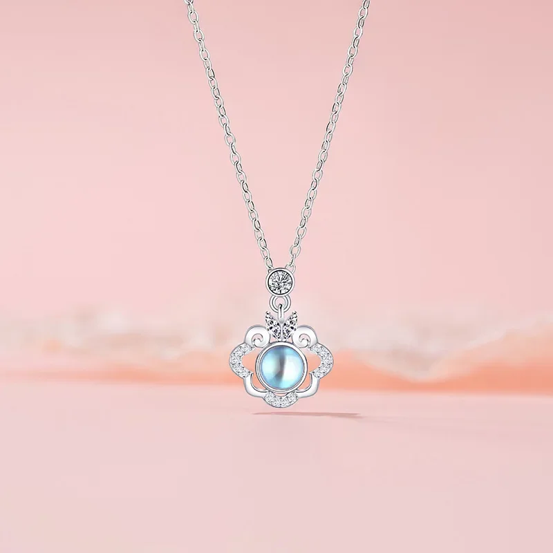 925 Sterling Silver Inlaid Zircon Blue Opal Auspicious Clouds Hollowed Longevity Lock Pendant Necklace for Women Lucky Jewelry