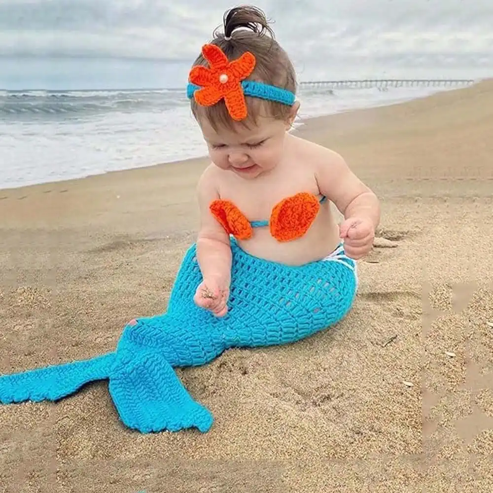 Gestricktes Meerjungfrau-Outfit für Neugeborene mit Stern-Stirnband. Baby-Fotografie-Requisite, posierendes Kostüm, Babyparty-Geschenk.