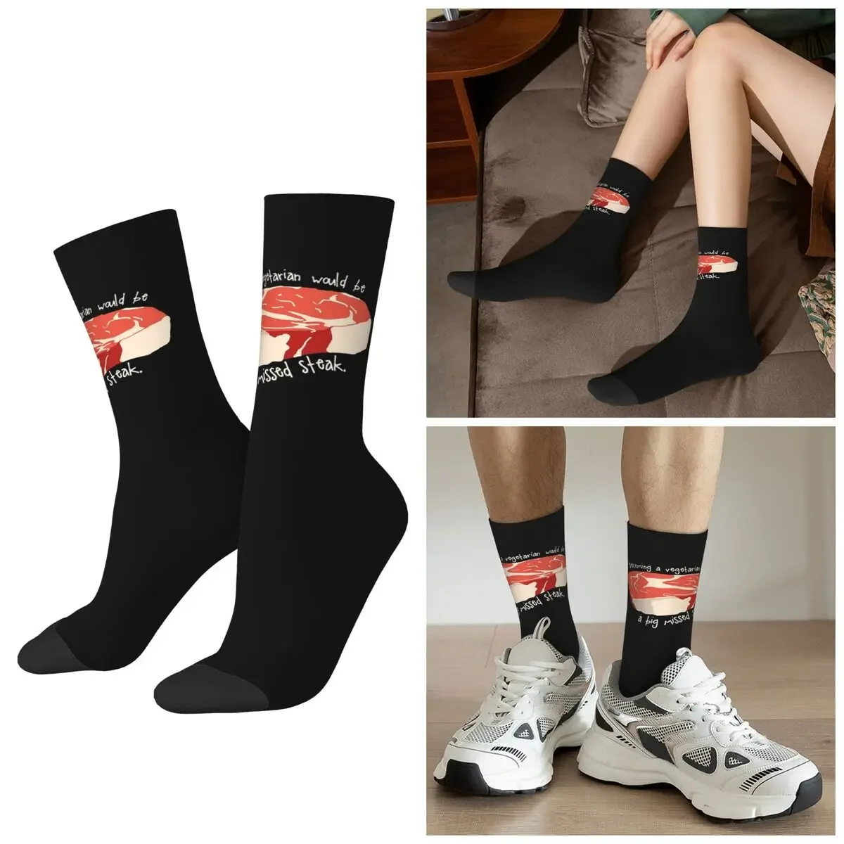 

All Seasons Funny Steak, Vegetarian Pun Socks Harajuku Sport Middle Tube Socks High Quality Stockings for Valentine's Day Gifts