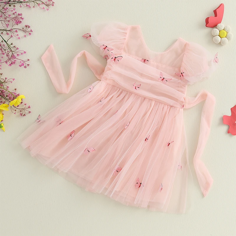 Girls Short Sleeve Square Neck Floral Print Tulle Dress Summer Casual Daily Dress with Butterfly Embellishments