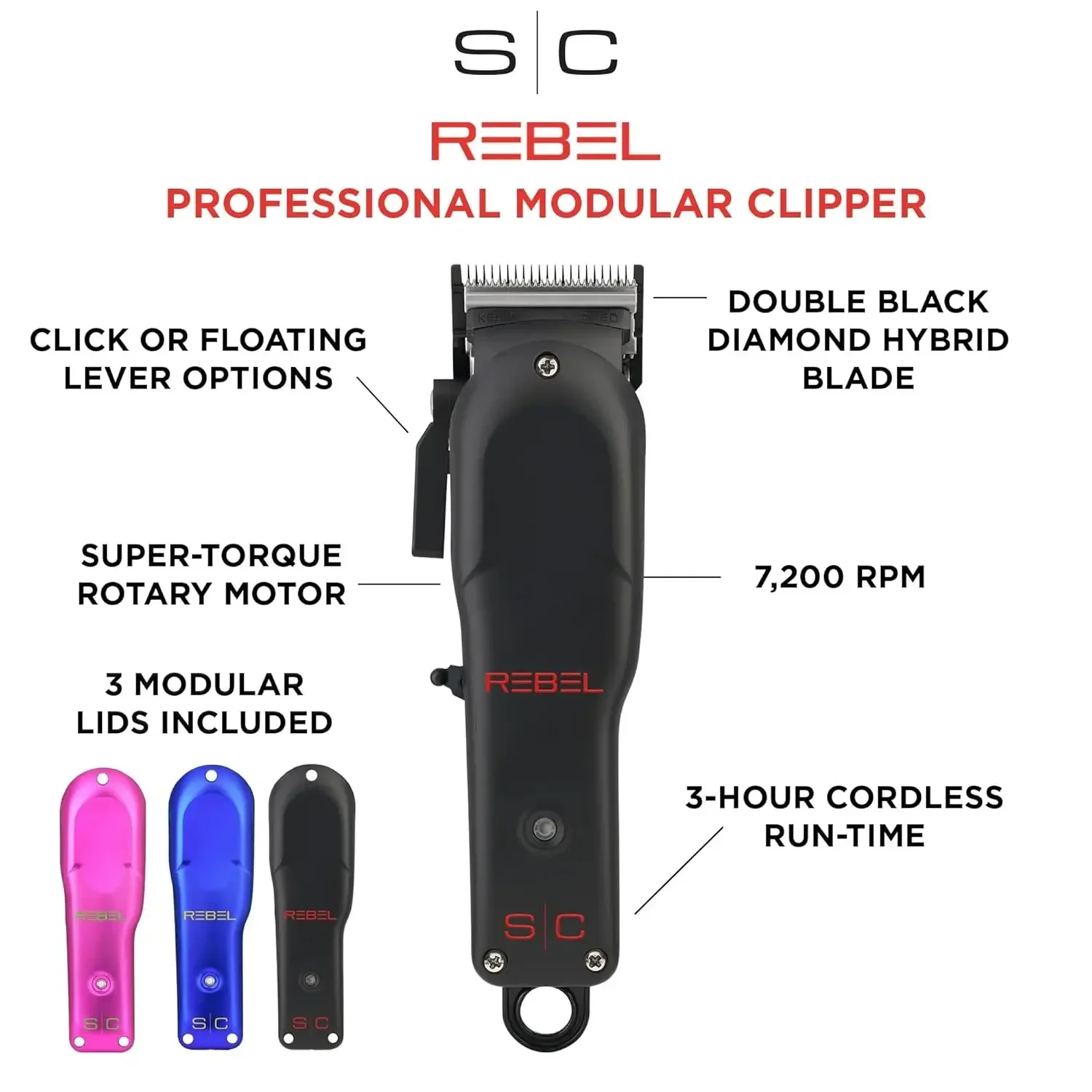 

-Stylecraft Rebel Professional Super-Torque Cordless Hair Clipper (Modular Lids: Pink, Blue, Black Included), Black Diamond