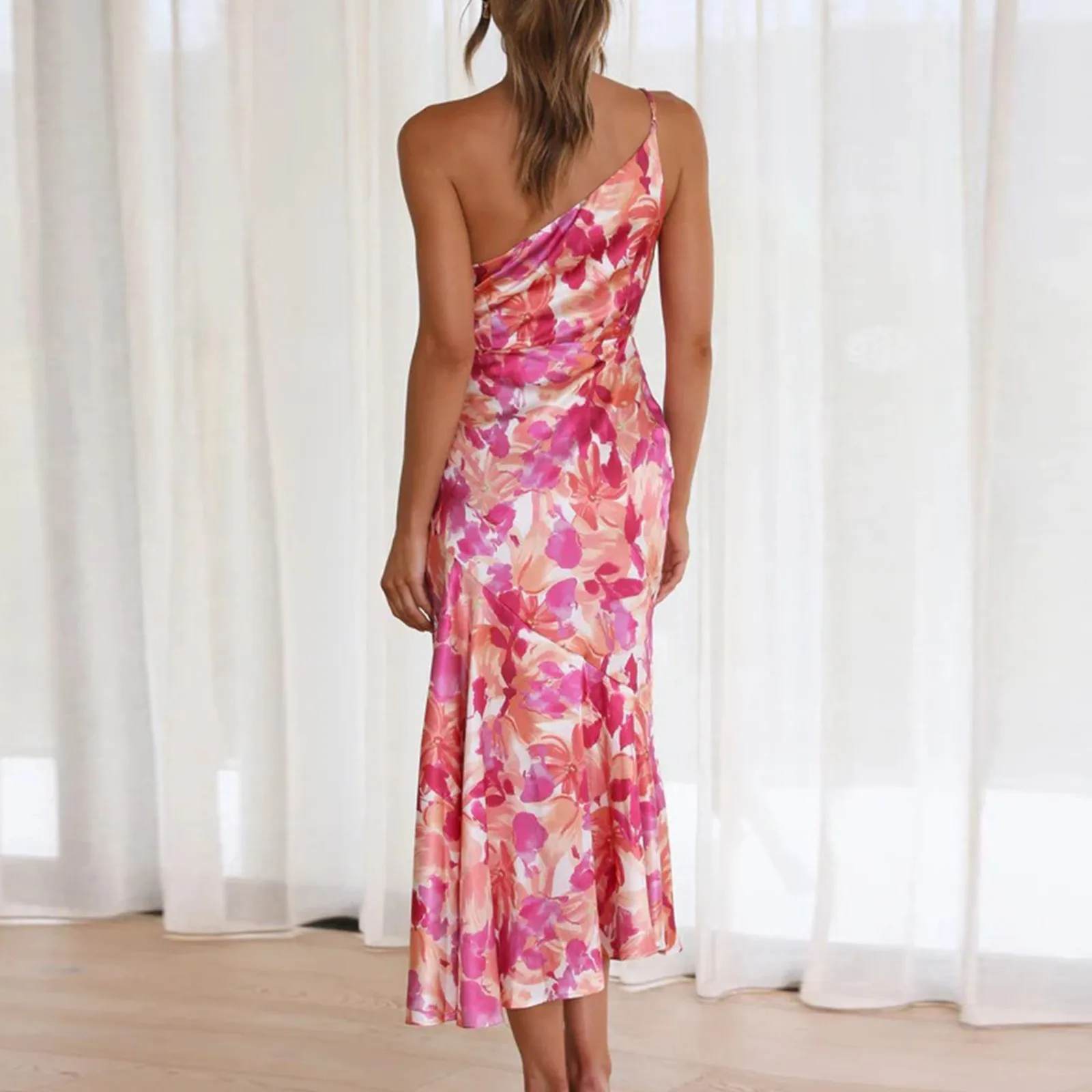 Eleganckie ukośne ramiona plisowane kwiatowy Print Spaghetti sukienki dla kobiet 2024 seksowny pasek z odkrytymi plecami letnia sukienka Midi Vestidos — zdjęcie 5