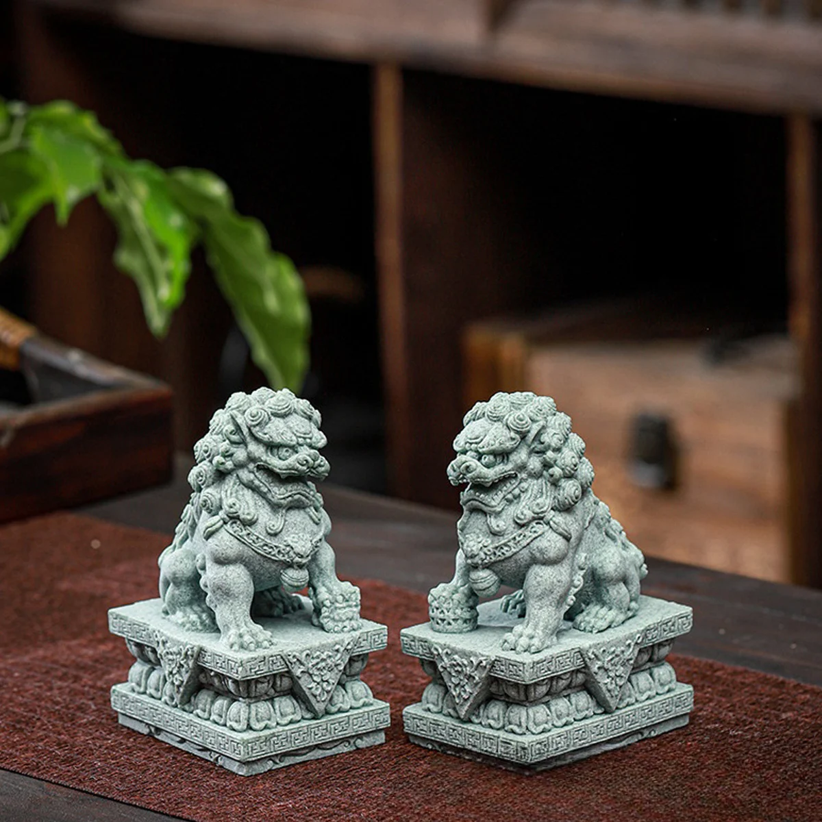 Set of 2 Exquisite Chinese Guardian Lion Statues - Traditional Feng Shui Stone Foo Dog Figurines with Intricate Details
