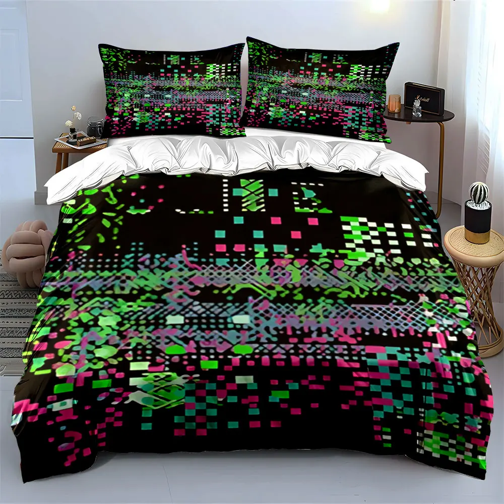 Conjunto de roupa de cama com padrão Cyberpunk Glitch, 3 peças, capa de edredom com estampa de pixel neon + 2 fronhas, solteiro, casal, king queen, presente
