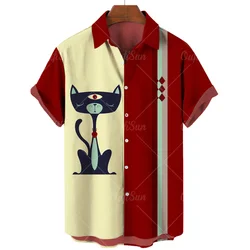 Camicia da uomo Cat Vintage Print 2023 camicia hawaiana estiva camicia Casual allentata moda manica corta con bottone singolo