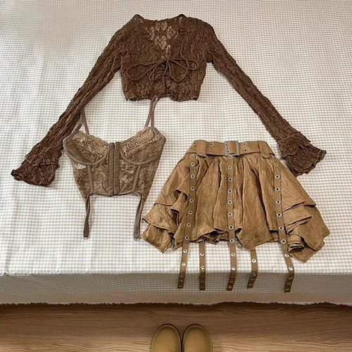Imagen 1 del producto Conjunto de 3 piezas Vintage Harajuku para mujer, cárdigan corto + chaleco ajustado + falda de cintura alta Y2k E-Girl, traje de estilo coreano para chicas calientes