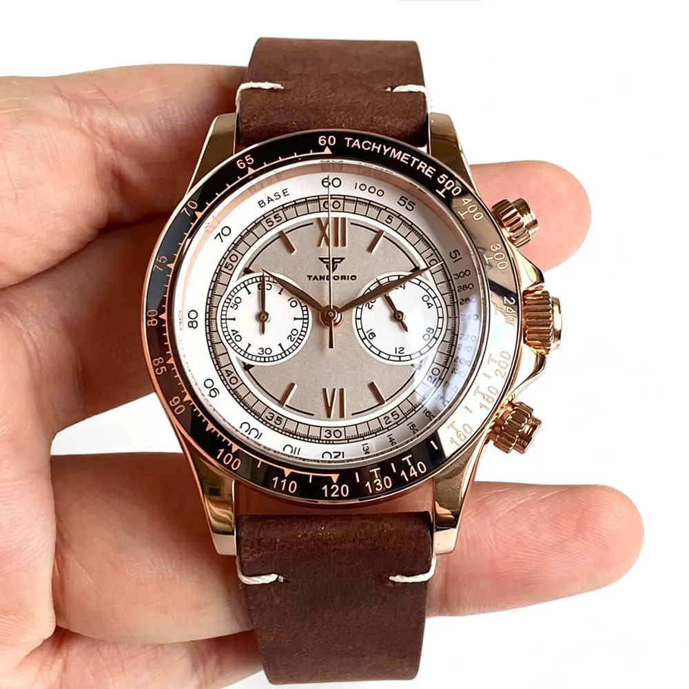 Tandorio 39mm Rose Gold/Silver Stainless Steel Sapphire Miyota OS21 Multi-functional Chronograph Quartz Watch Men Sport Clock