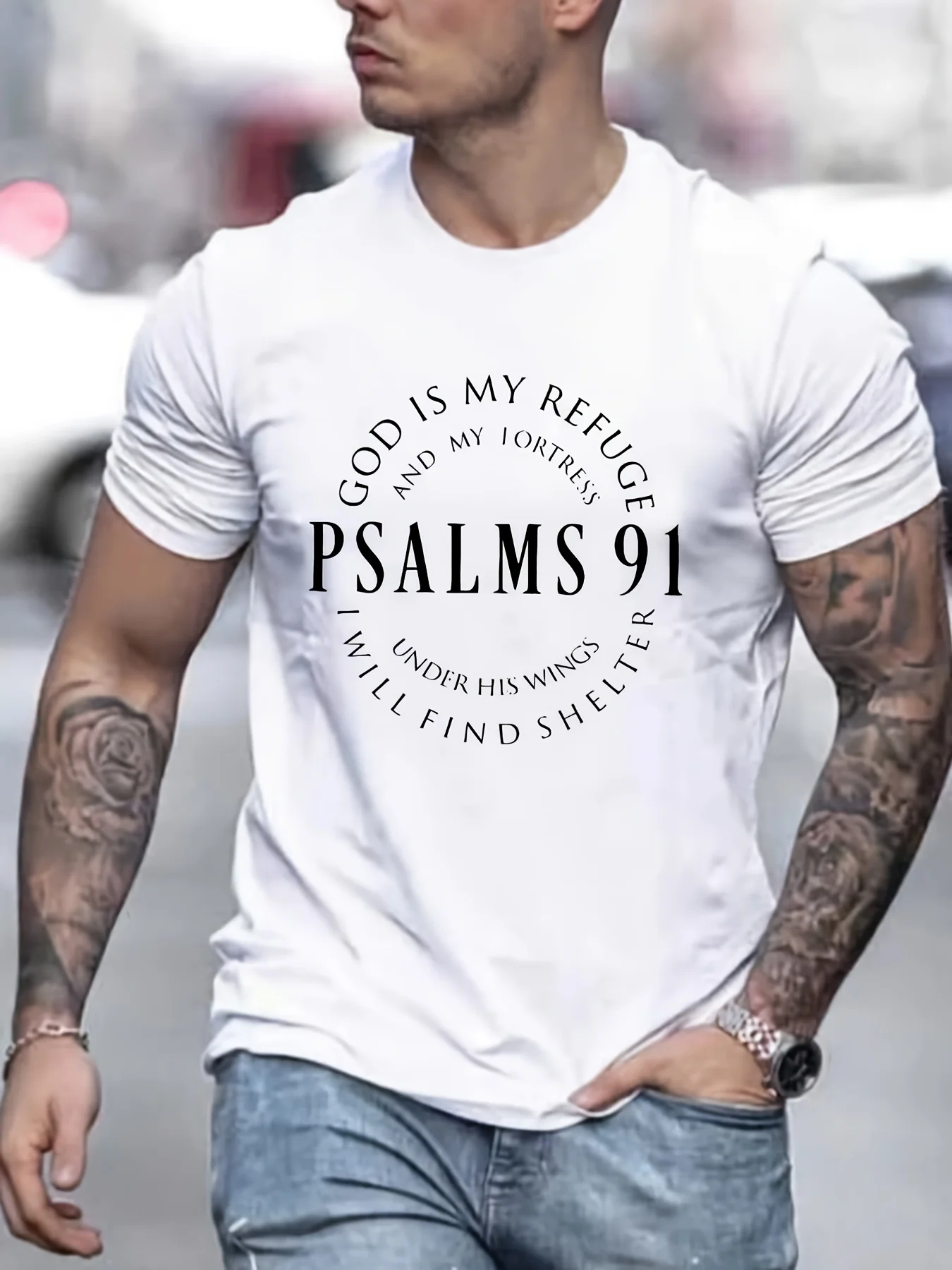 Men\'s 100% cotton summer loose fit Trendy Letter Psalms 91 Letter Ring Pattern print casual round neck short sleeved T-shirt