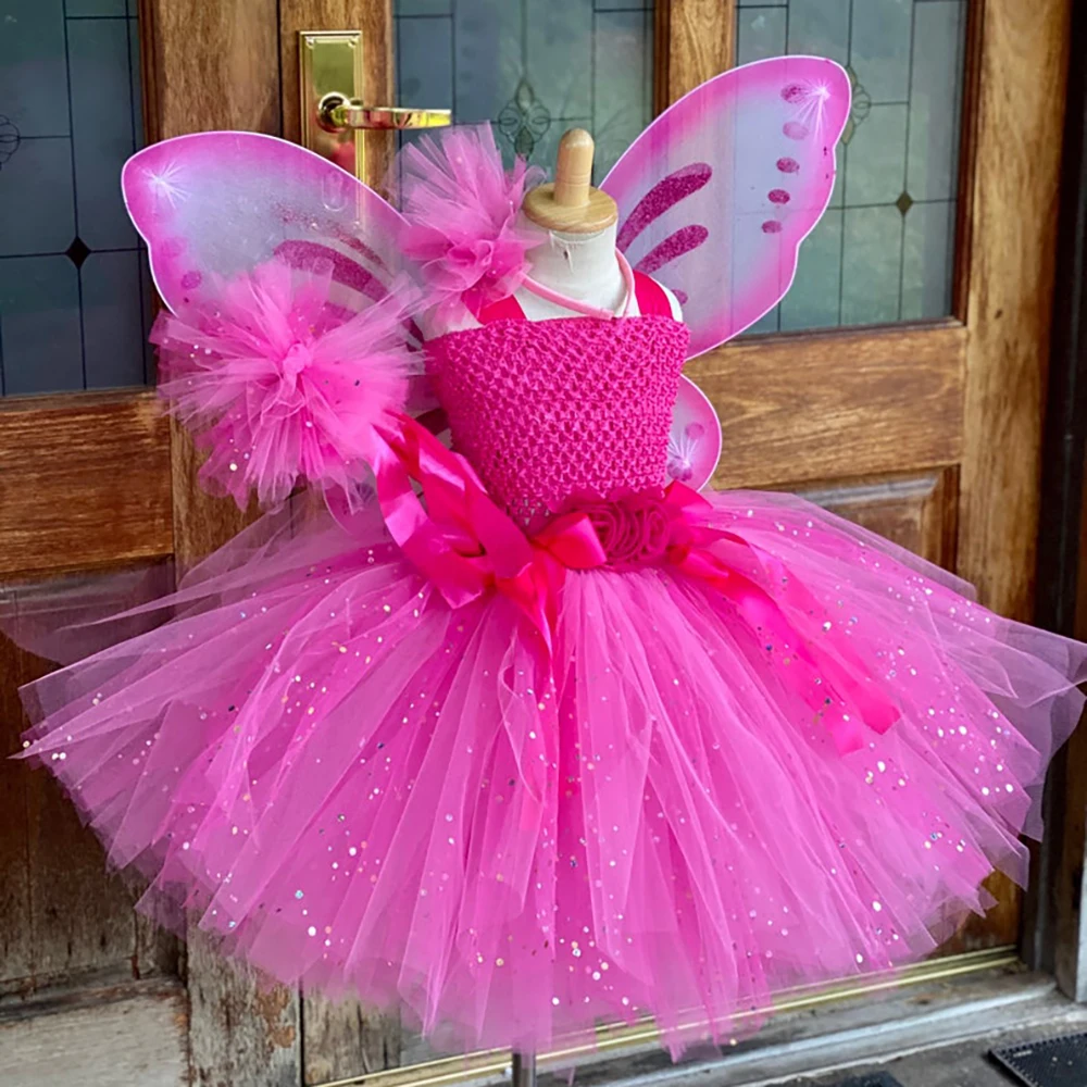 Vestido de tul con purpurina rosa para niñas, vestidos tutú de Hada y mariposa con ala y lazo para el pelo, disfraz de Halloween para niños