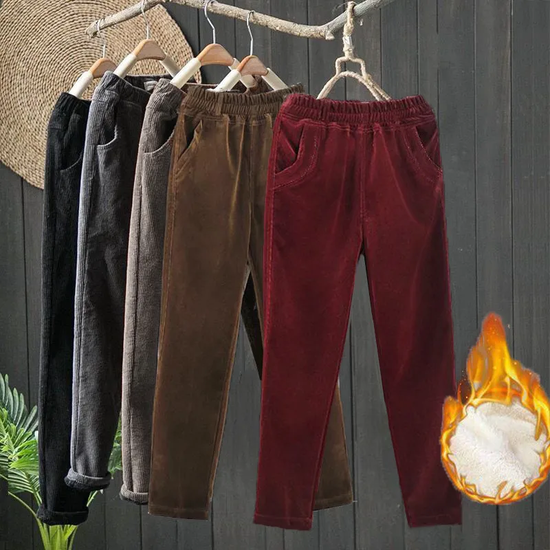 Pantaloni di velluto a coste a gamba dritta a vita alta da donna Autunno Inverno Nuovo Sle Slim Fit Pantaloni casual in flanella da donna Foderato in Fce