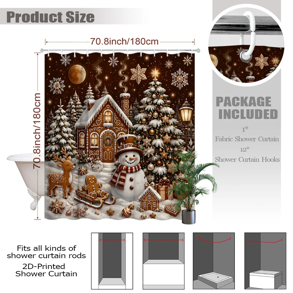 1pc 2D Flat Shower Curtain, Gingerbread House Snowman Reindeer Xmas Tree Winter Scene Printed Shower Curtain, Decor for Bathroom