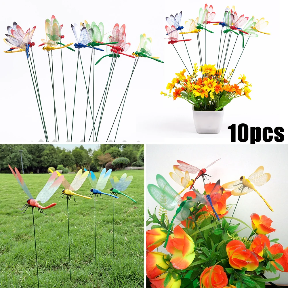 10pcs Garden Dragonfly Stakes Random Color Outdoor Garden Courtyard Flower Beds Pot Plants Casement Boxes Decor Teaching Tool