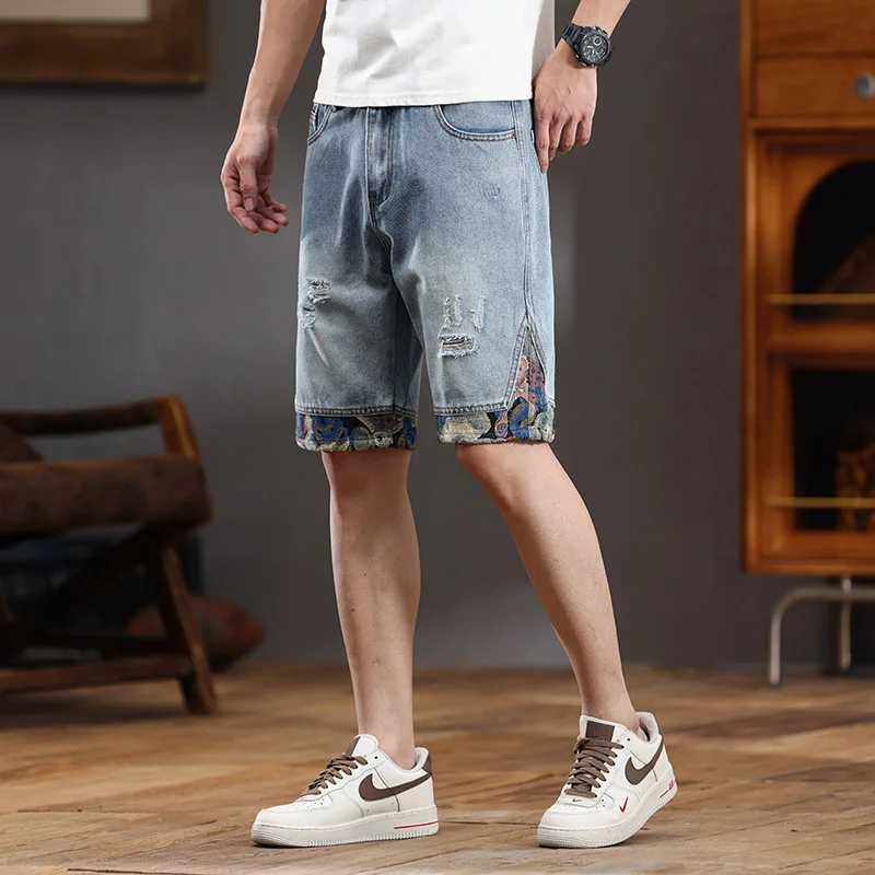 High Street Denim Shorts Men's Trendy Scratch Versatile Summer Thin Loose Elastic Light Blue Trendy Brand Embroidered Shorts