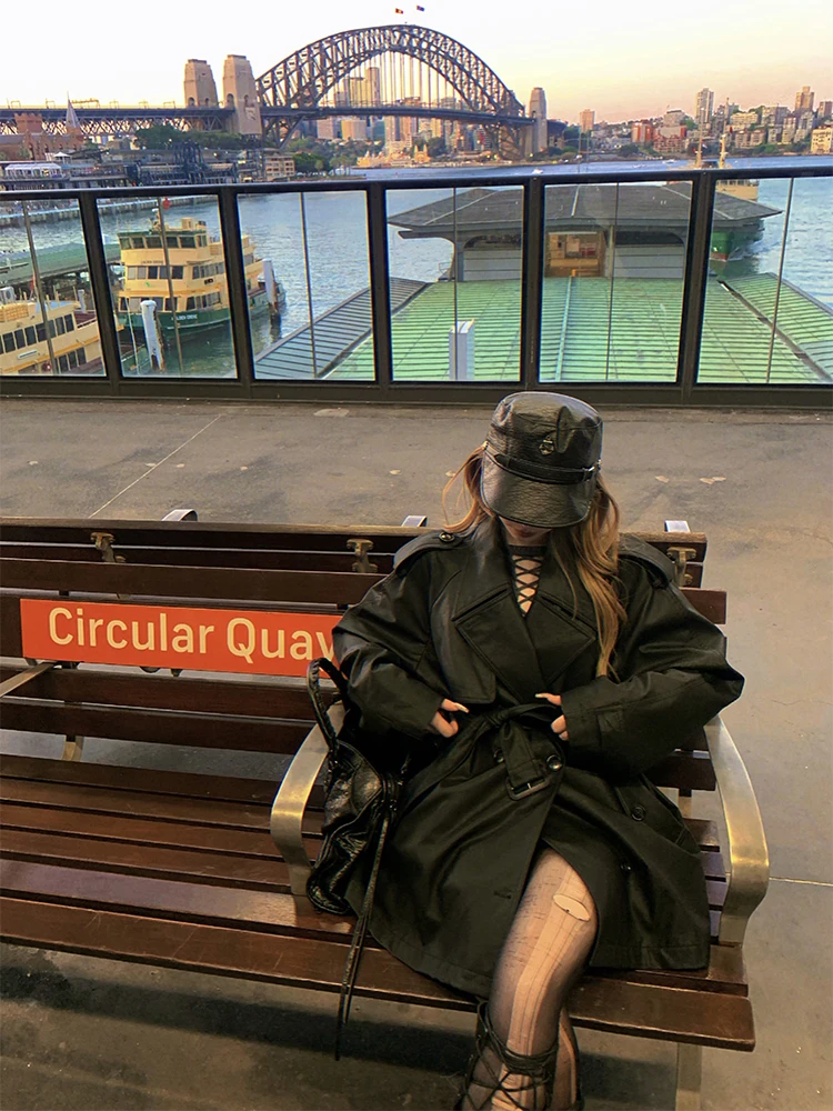 FuunJ Madeleine Monroe Matte Bla PU Leather Jaet Women's Waist-Cinching Retro High-End ape Top Youth Mid-Length Coat