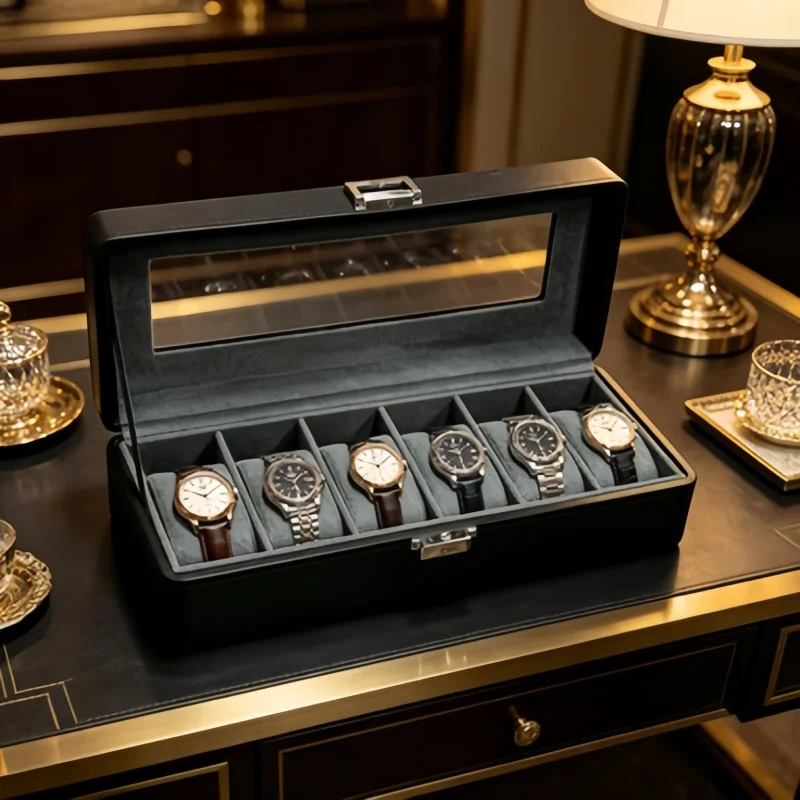 6 Slot Lockable Leather Watch Box 3Pcs Set, Men Watch Display Organizer Bracelet Storage