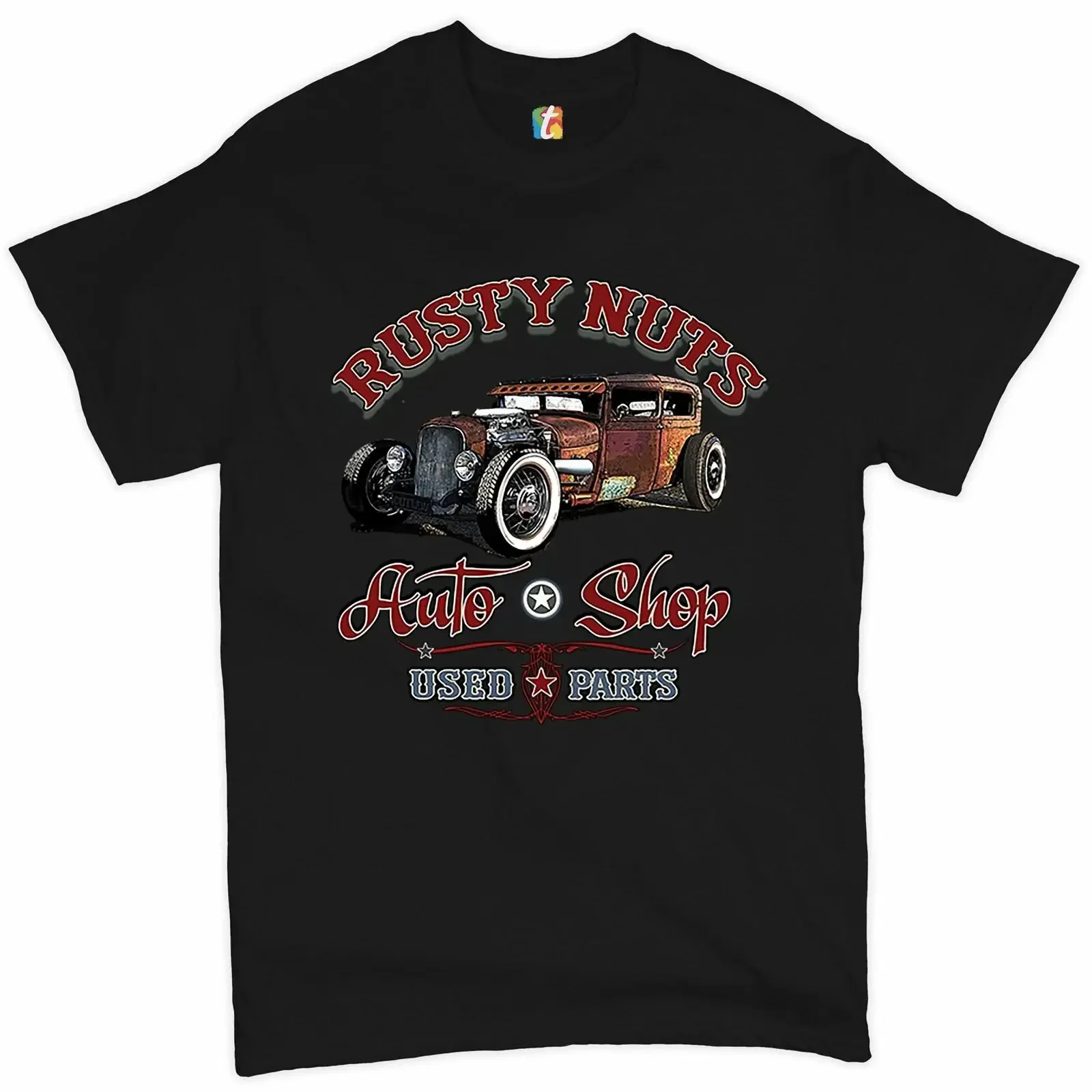 Rusty Nuts Auto Shop T shirt Hot Rod Rat Vintage Old School Men's vintage Washed Stretched Unisex Top For Everyday Wear