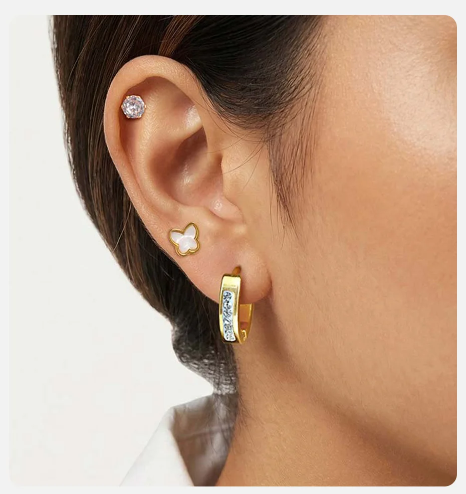 Vnox Trendige 3-teilige Set Niedliche Muschel-Schmetterling-Ohrstecker für Frauen Vergoldete Schwarze Acryl-Blumen Strass-Set Ohrschmuck – Detail 2