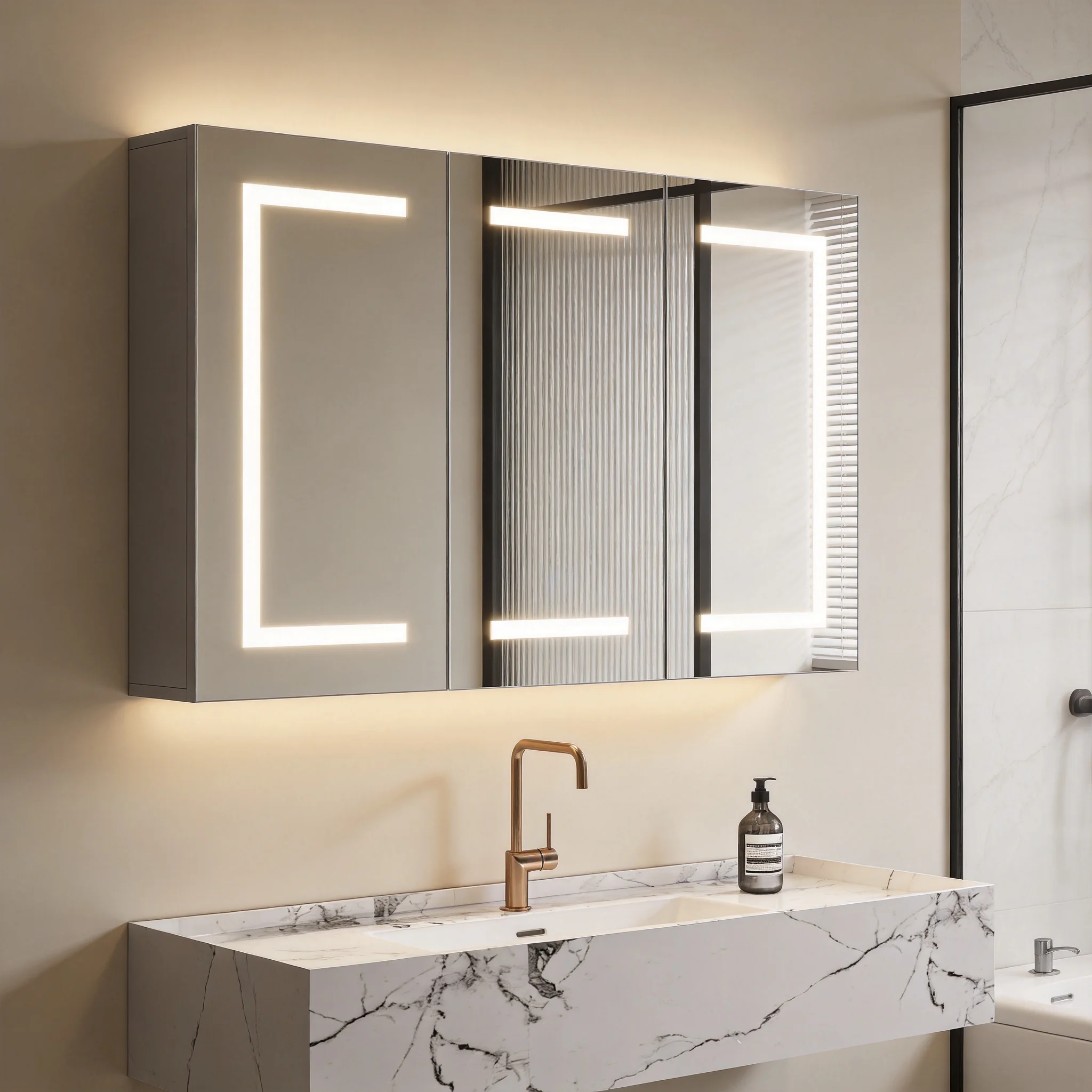 FANGANGE Spiegelschrank, mit 3 Türen, verstellbaren Regalen und 3-stufiger LED-Beleuchtung, Antibeschlagfunktion, für Badezimmer, modern, weiß