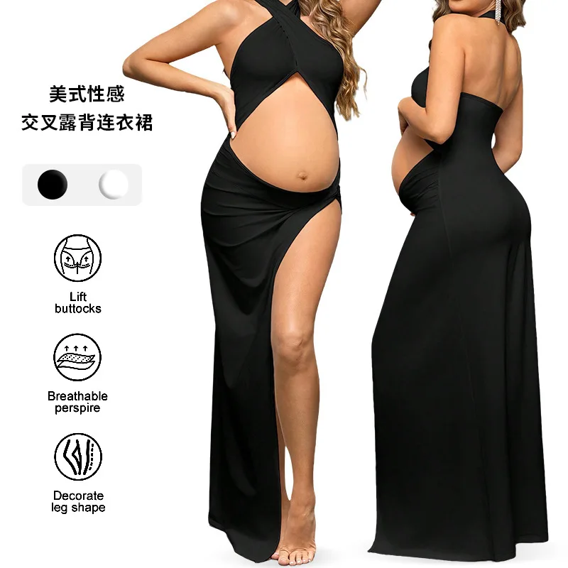 Slim-fit pregnant woman photo mopping cross-neck split-ended sexy hollowed-out navel solid color thin dress